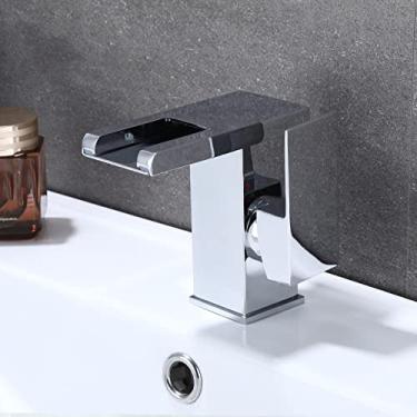 Imagem de Conjunto de torneiras de lavatório de banheiro com cascata de LED de latão Misturador de água quente e fria Torneira de pia com guindaste Mudança de cor Alimentado por torneiras de fluxo de