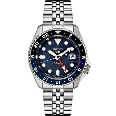 Imagem de Relógio masculino automático esportivo Seiko SSK003-5 - Mostrador azul com calendário de data, ponteiros e marcadores luminosos e bisel GMT preto e azul, 100 m de resistência à água