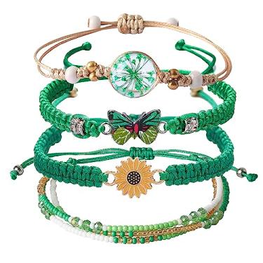 Imagem de DS 4 peças, pulseiras de contas de cordão para meninas adolescentes, delicado desenho animado borboleta margarida flor eterna conjunto de pulseiras para mulheres e meninas pulseira elástica ajustável presente de aniversário para Frien ds, Vidro Algodão