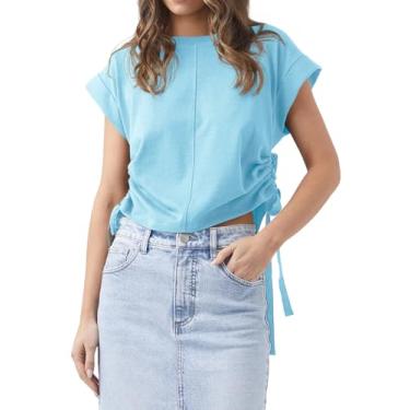 Imagem de Tankaneo Camisetas femininas casuais de verão de manga curta franzidas laterais folgadas, Azul, P