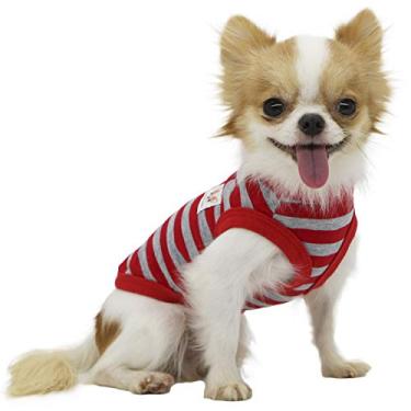 Imagem de Lophipets Camiseta para cachorro listrada 100% algodão para chihuahua Puppy roupas regata colete vermelho e cinza tiras/M