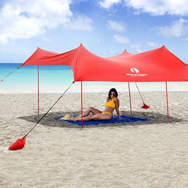 Imagem de Red Suricata Guarda-sol de praia familiar - sombre de praia - Proteção UV UPF50 - Tenda com 4 postes de alumínio, 4 âncoras de poste, 4 âncoras de saco de areia (Grande, Vermelho)