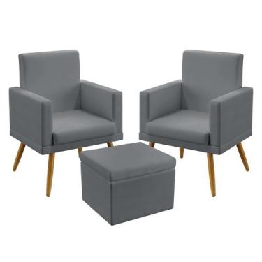 Imagem de 2 Poltronas Nina Almofadada com Rodapé com Puff Quasar Sued Cinza Arad