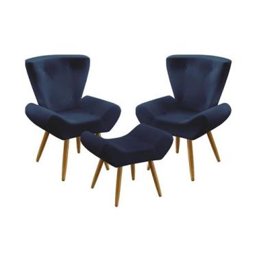 Imagem de Kit 2 Poltronas Decorativas Polaris e Puff Polar Sued Azul Marinho Ara