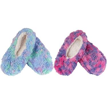 Imagem de Pantufas para adultos, supermacias, quentes, felpudas, tie dye, meias forradas antiderrapantes, chinelos para uso interno e casa, 2 pares, Multi F, 11-12
