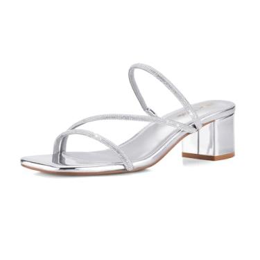 Imagem de Shoe'N Tale Sandálias femininas salto baixo grosso salto bloco quadrado aberto bico aberto slip on mules, Strass, prata, 34