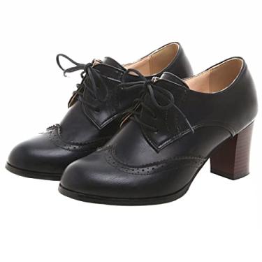 Imagem de SHEMEE Sapato feminino de salto alto grosso com bico redondo Oxfords com cadarço e salto bloco vintage Brogues, Preto, 35
