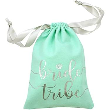 Imagem de 10 sacos de cordão de tribo de noiva com fita de cetim, 17,78 x 12,7 cm – Bolsa de algodão para damas de honra, despedida de solteira, chá de panela, lembrancinha de casamento, kit de sobrevivência, kit de ressaca, Mint & Silver, 10pc Pack