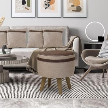 Imagem de Puff com 4 Pés Lumina Decorativo Banqueta Tecido Linho com Detalhe Corino Cores (Bege)