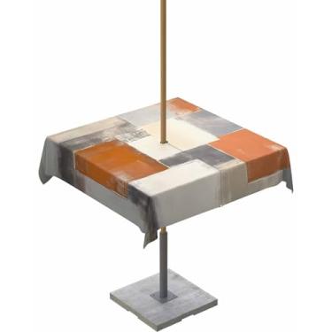 Imagem de Toalha de mesa para uso ao ar livre cinza laranja com orifício de guarda-chuva retangular 137 x 137 cm, tecido à prova de derramamento, textura de grafite abstrato, piquenique/pátio com zíper