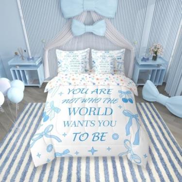 Imagem de Conjunto de edredom infantil casal com laço azul, cerejeira, frutas tropicais, desenho de princesa, margarida, azul (edredom + lençol de cima + 2 fronhas + 2 capas de travesseiro)