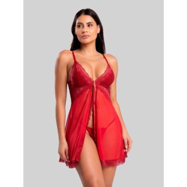 Imagem de Camisola Louise IMI Lingerie  Fenda Frontal com Tule, Renda e Calcinha