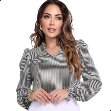 Imagem de Blusa Manga Longa Bufante Gola V Listrada Feminina Social - G-Store, P