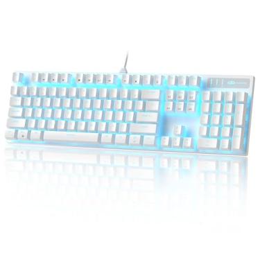 Imagem de MageGee Teclado mecânico para jogos, teclado com luz de fundo ajustável USB com fio, novos teclados mecânicos 100% anti-ghosting com interruptores azuis para jogos Windows PC/Mac (branco)