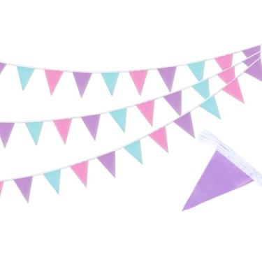 Imagem de Cheerupp 3 peças de faixas triangulares roxas pastel, bandeiras de flâmula de tecido de 1,2 m, flâmula de guirlanda para tema submarino, aniversário, casamento, chá de bebê, decoração ao ar livre