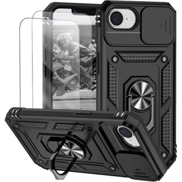 Imagem de Capa para iPhone 16e (SE, 2025) Capinha | com 2 peças de protetor de tela temperado com janela deslizante da câmera e suporte para telefone incluídos - Preto