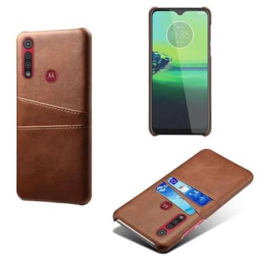 Imagem de Capas Compatível com MOTO One MACR0,tampa protetora de couro falso,design de saco de cartão com 2 fendas de cartão atrás,proteção anti-impressão digital e anti-gota-Brown