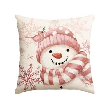 Imagem de AVOIN colorlife Capa de almofada rosa boneco de neve Feliz Natal, floco de neve, pássaro, 45,7 x 45,7 cm, decoração sazonal de inverno para sofá