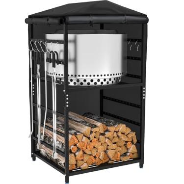 Imagem de Toriexon Estação de armazenamento para fogão solo fogão, fogueira, Yukon, rack de lenha de 4,75 m ao ar livre com capa, prateleira ajustável, rack de lenha para acessórios de fogueira e troncos
