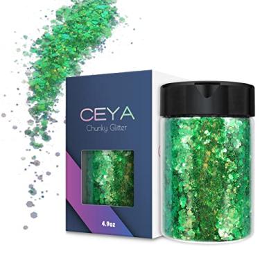 Imagem de Ceya Glitter grosso iridescente de alto brilho, 140 g verde oliva neon em pó misturado flocos de opala fina lantejoulas para unhas de resina artesanal, arte de unhas, copos, pintura, globo de neve