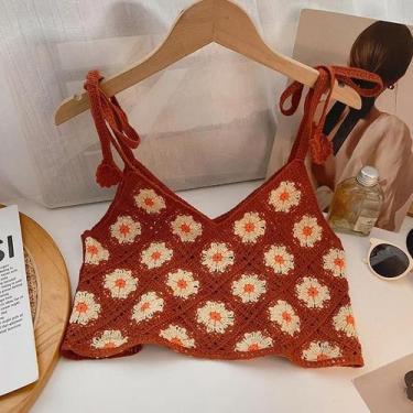 Imagem de Top Cropped Floral De Crochê Boho Feminino Com Alças Amarradas E Tricô