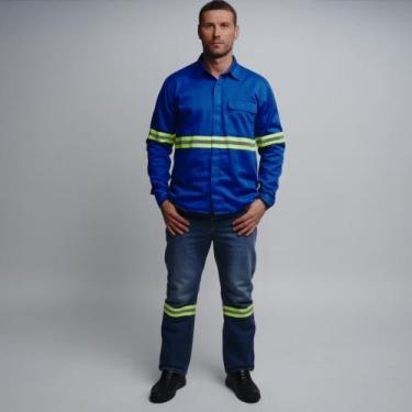 Imagem de Kit Conjunto Uniforme Camisa e Calça Jeans Brim Com Faixa Refletiva Co