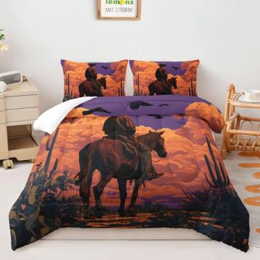 Imagem de AILONEN Conjunto de edredom de caubói ocidental, rústica, sudoeste, 3 peças, tamanho Queen para crianças, adolescentes e adultos, cacto do deserto, colcha e 2 fronhas