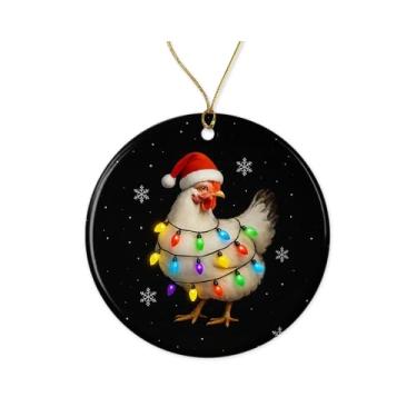 Imagem de Enfeite de Natal de cerâmica de galinha - galinha festiva com chapéu de Papai Noel - decoração de árvore de animais de fazenda - lembrança de inverno - presente para mulheres e meninas impresso em