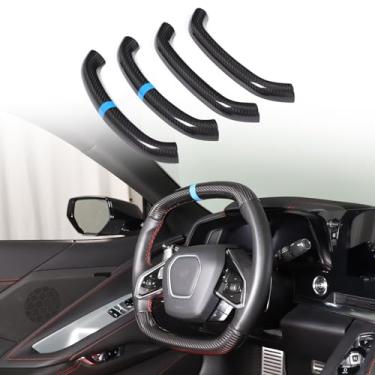 Imagem de Acabamento da capa do volante compatível com Chevrolet Corvette C8 2020-2023 100% fibra de carbono real, 4 peças, capa redonda para volante, acessórios de proteção interna (preto carbono-azul)