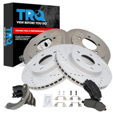 Imagem de TRQ Pastilha de freio e rotor, sapata e tambor Premium G-Coated Slotted X Drilled Ceramic Performance Compatível com Dodge Caliber 2007-2012