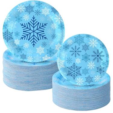 Imagem de Yungyan 120 peças de pratos de papel floco de neve, pratos de festa de Natal incluem prato de jantar de 23 cm, prato de sobremesa descartável para tema do país das maravilhas Natal, inverno, férias
