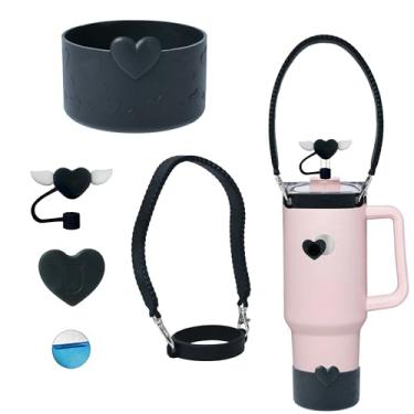 Imagem de Conjunto de acessórios de copo Stanley incluindo alça de alça de garrafa de água, bota de copo Stanley de silicone, capa de canudo de silicone magnética, capa de palha de silicone amor, pingentes