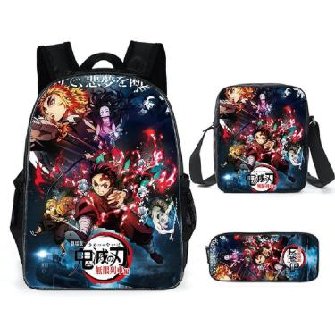 Imagem de Conjunto de mochilas Demons Slayers Satchel de poliéster para crianças, 3 peças