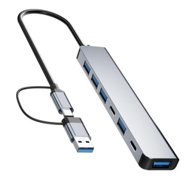 Imagem de Hub USB C 7 em 1 de alumínio com USB 3.0, 7 portas com 2 USB-C e 5 USB-A, adaptador divisor USB portátil ultrafino para laptop, PS4, pen drive, HDD, Xbox, impressora, mouse, teclado