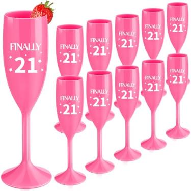 Imagem de LemonRoad 12 peças, finalmente, 21 taças de champanhe, reutilizáveis, artigos para festa de aniversário de 21 anos, brinde de plástico, taça de champanhe, taças de coquetel rosa para despedida de