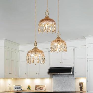 Imagem de Lustre de cristal vintage dourado retrô com 3 lâmpadas, luminária pendente estilo fazenda, ajustável, ideal para hall de entrada, varanda, cozinha, quarto, cafeteria, sala de jantar e ilha.