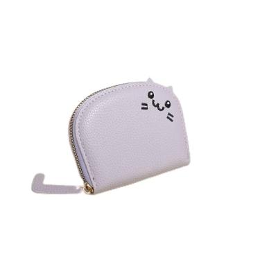 Imagem de Carteira feminina pequena de couro sintético, porta-cartões de crédito resistente à água, aparência de gato fofo, Roxa, Tendência
