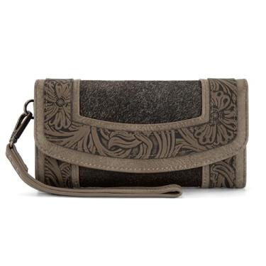 Imagem de Montana West Carteiras femininas de couro bovino trabalhado floral ocidental carteira de três dobras de grande capacidade com janela para identidade, Cáqui profundo