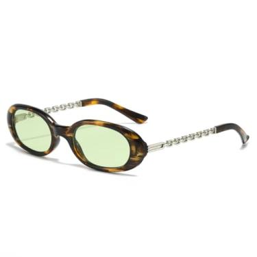 Imagem de Óculos de Sol Femininos Ovais Pequenos com Armação em Estampa de Leopardo Retrô, Corrente nas Hastes, Estilo Moderno e Proteção UV400 (Verde Leopardo)