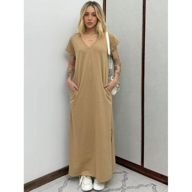 Imagem de Vestido Longo de Algodão com Bolso Decote V Caramelo