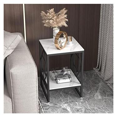 Imagem de Mesa de centro pequena de 2 níveis com armazenamento aberto, suporte lateral estreito para quarto, sala de estar, sofá, suporte moderno com moldura de metal resistente, mesa lateral resistente e fácil
