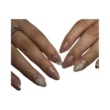 Imagem de Unhas Postiças Em Forma De Amêndoa Com Design De Laço, Borda Dourada F