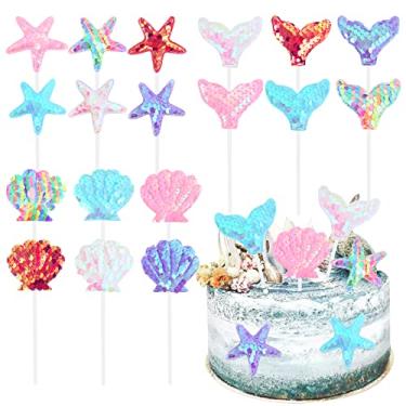Imagem de Keaziu Pacote com 18 topos de cupcake de sereia cauda de sereia toppers de cupcake de lantejoulas decorações de bolo sob o mar para meninas chá de bebê aniversário festa de casamento suprimentos para lembrancinhas