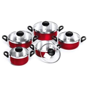 Imagem de Conjunto 5 Panelas Alumínio Grosso Vermelha Tampa Vidro