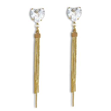 Imagem de Brinco Comprido Coração Zircônia Cristal e Correntes Banhado a Ouro 18K Semijoia