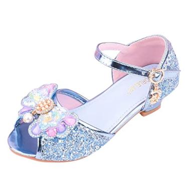 Imagem de Sandálias de piscina para meninas com sandálias brilhantes de diamante sapatos de princesa salto alto com laço sandálias para meninas tamanho 11, Azul, 2 Little Kid