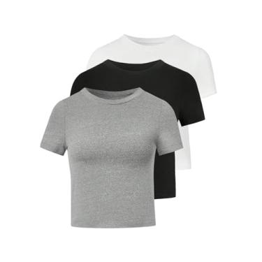 Imagem de SOLY HUX Camisetas femininas plus size básicas de manga curta malha canelada gola redonda camisetas verão tops conjunto de 3 peças, Preto, branco, cinza, 3X-Large Plus