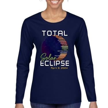 Imagem de Camiseta feminina de manga comprida Total Solar Eclipse Path apenas com óculos de eclipse 8 de abril de 2024 festa astronomia sol lua, Azul marinho, G