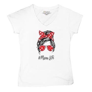 Imagem de Camiseta feminina Mom Life Messy Bun gola V moderna maternidade maternidade dia das mães mãe mamãe #Momlife camiseta, Branco, P