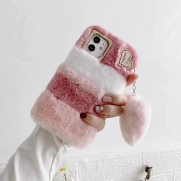 Imagem de Rnrieyta Miagon Capa fofa fofa para Samsung Galaxy A15 5G/4G, meninas mulheres coelho peludo pele sintética capa de silicone macio à prova de choque com pingente de coração, branco rosa